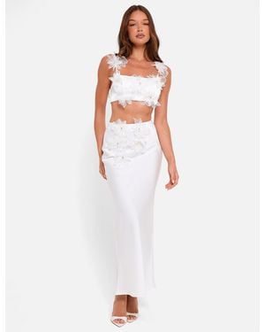 Public Desire Satin Maxi Skirt With Floral Applique White - Blue