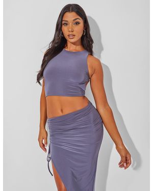 Public Desire Slinky Open Back Tie Detail Crop Top Charcoal Grey - Purple