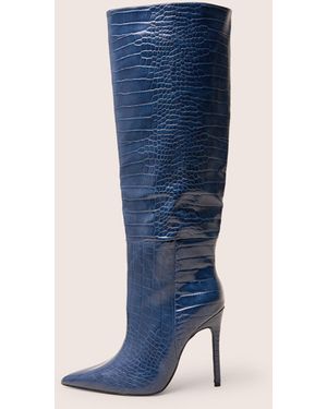Public Desire Nova Navy Croc Knee High Stiletto Boots - Blue