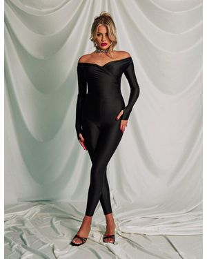 Public Desire Off Shoulder Ruched Long Sleeve Jumpsuit Black