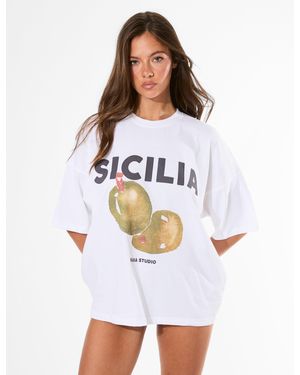 Public Desire Kaiia Sicilia Olives Graphic Oversized T-shirt White