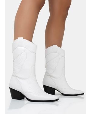 Public Desire Howdy White Pu Pointed Toe Western Cowboy Block Ankle Boots