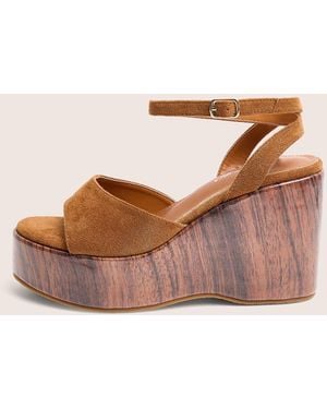 Public Desire Aluna Tan Faux Suede Wooden Wedge Heels - Natural