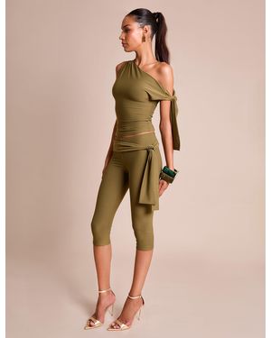 Public Desire Knot Detail Tie Side Luxe Slinky Capri Trousers Khaki - Multicolour