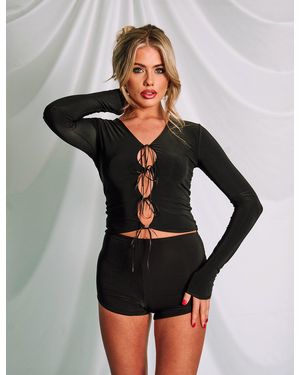 Public Desire Slinky Cut Out Bow Detail Long Sleeve Top Black