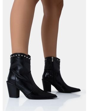 Public Desire Riley Black Croc Metal Studded Detail Western Cowboy Block Ankle Boots