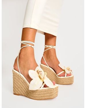 Public Desire Poolparty Cream 3-d Floral Lace Up Jute Wedges - Natural