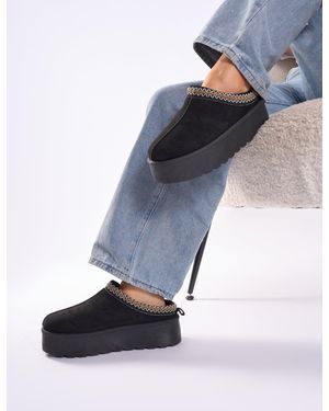 Public Desire Nutmeg Black Faux Fur Lined Platform Mules - Blue