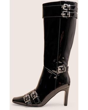 Public Desire Ines Black Patent Buckle Detail Knee High Heeled Boots