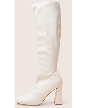 Public Desire Audrina White Pu Block Heel Knee High Sock Boots