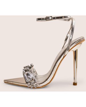 Public Desire Icicle Silver Extreme Jewelled Ankle Strap Pointed Toe Stiletto Heels - Natural