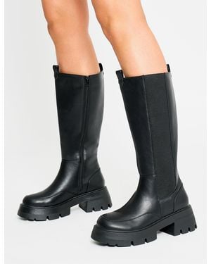 Public Desire Bryant Black Pu Chunky Sole Elasticated Knee High Boots