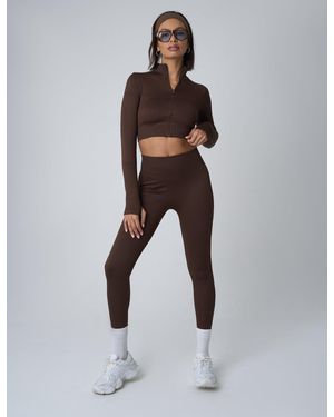Public Desire Ribbed High Waisted Bum Lift Leggings Chocolate - White