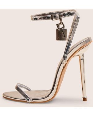 Public Desire Ti Amo Silver Metallic Pu Padlock Detail Barely There Pointed Toe Stilettos Heels - Pink