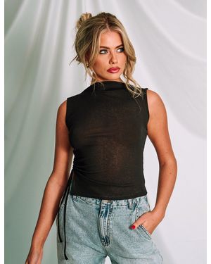Public Desire Boat Neck Mesh Top With Ruched Details Black - Multicolour