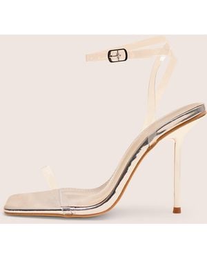Public Desire Rya Silver Mirror Square Toe Strappy Barely There Stiletto High Heels - Black