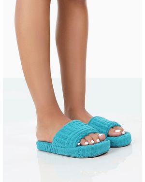 Public Desire Juicy Teal Terry Towelling Slider Slippers - Blue