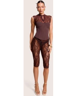 Public Desire High Waist Sheer Floral Lace Capri Trousers Brown - Natural