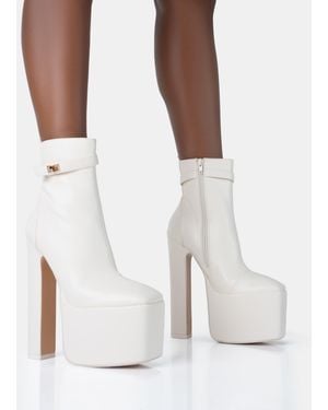 Public Desire Vally Ecru Pu Extreme Platform Square Rounded Toe Block Heeled Ankle Boots - White