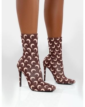 Public Desire Saturn Return Wide Fit Brown Pointed Toe Stiletto Printed Sock Boots - White