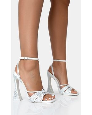 Public Desire Opulence White Pu Diamante Strappy Square Toe Flared Block Heels - Brown