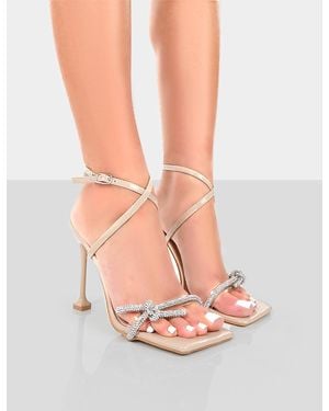 Public Desire Glitter Nude Wrap Around Diamante Bow Square Toe Heels - Natural