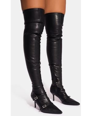 Public Desire Roulette Black Pointed Toe Diamante Buckle Mid Heel Over The Knee Sock Boots