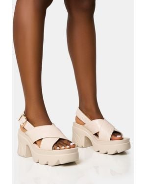 Public Desire Flare White Cross Strap Chunky Mid Heel Sandals - Brown