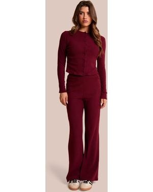 Public Desire High Waist Rib Wide Leg Trouser Burgundy - Red