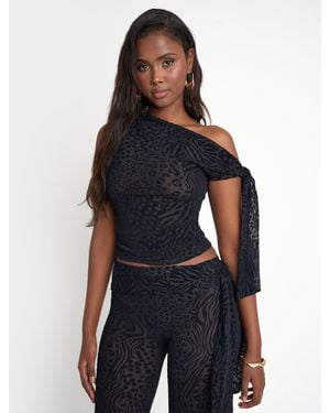 Public Desire Knot Detail Asymmetric One Shoulder Leopard Devore Top Black - Blue