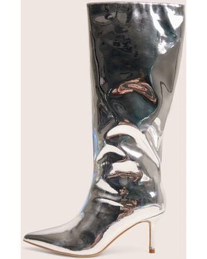 Public Desire Amped Mirror Silver Pointed Toe Mid Heel Knee High Boots - White