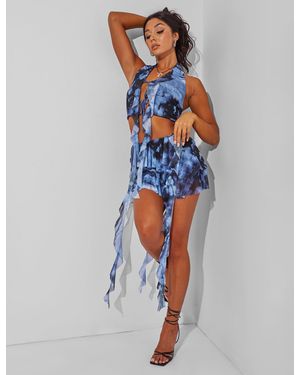 Public Desire Blue Print Frill Mini Skirt Co Ord Black - Orange