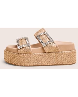 Public Desire Bettie Natural Rattan Diamante Buckle Detail Flatform Slider Sandals - White