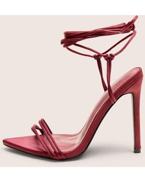 Public Desire Merlot Burgundy Satin Lace Up Wrap Around Pointed Toe Stiletto Heels - Pink
