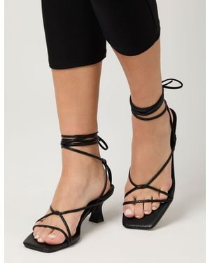Public Desire Shibuya Black Snake Texture Pu Square Toe Lace Up Low Heels - Multicolour
