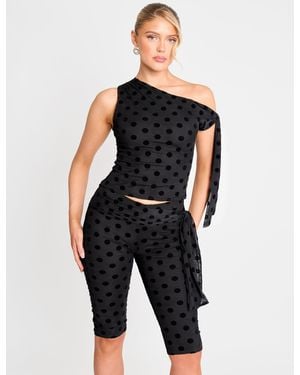 Public Desire Knot Detail Asymmetric One Shoulder Polka Dot Devore Top Black