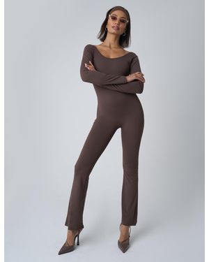 Public Desire Cut Out Back Detail Long Sleeve Jumpsuit Beige - Brown