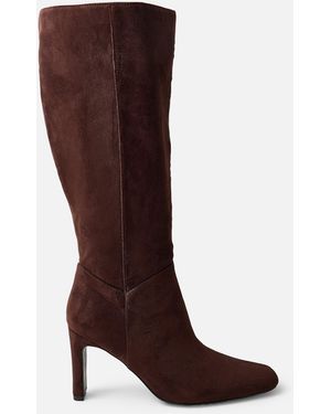 Public Desire Pose Chocolate Zip Up Knee High Slim Block Heeled Boots - Brown