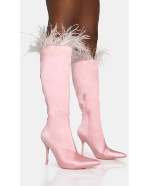 Public Desire Baddie Baby Pink Satin Feather Pointed Court Stiletto Knee High Boots