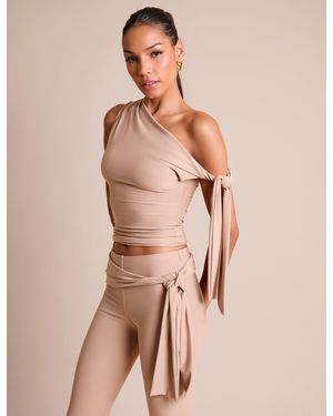 Public Desire Knot Detail Asymmetric One Shoulder Luxe Slinky Top Stone - Natural