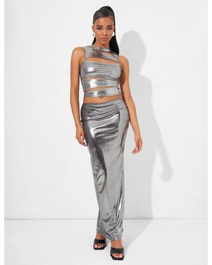 Public Desire Maxi Skirt Co Ord In Metallic Silver - White
