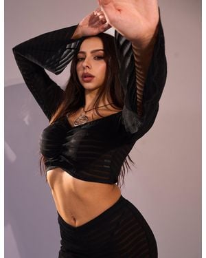 Public Desire Laddered Mesh Ruched Front Long Sleeve Crop Top Black
