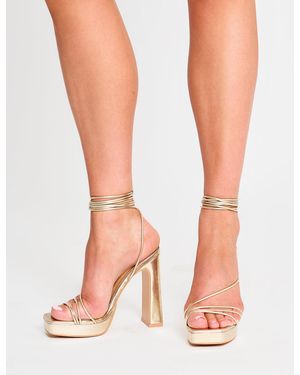 Public Desire Eilish Gold Mirror Lace Up Strappy Platform Block High Heels - White