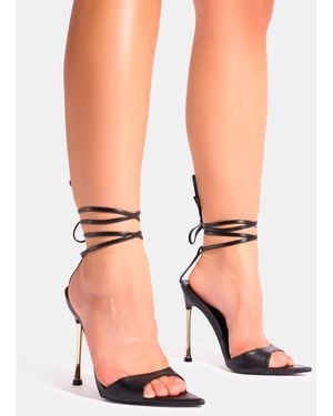Public Desire Ronnie Black Pointed Toe Lace Up Barely There Gold Stiletto Heels - Pink