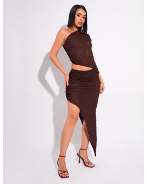 Public Desire Textured Split Detail Midi Skirt Chocolate