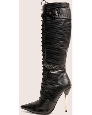 Public Desire Infatuated Black Croc Lace Up Buckle Feature Stiletto Knee High Boots - White