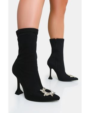 Public Desire Modena Black Nylon Diamantie Broach Cake Stand Heel Sock Ankle Boot