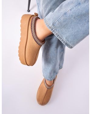 Public Desire Nutmeg Chestnut Faux Fur Lined Platform Mules - Blue