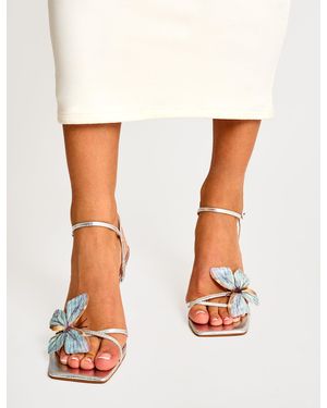Public Desire Colossus Silver Cracked Butterfly Detail Square Toe Barely There Mid Heels - White