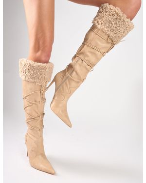 Public Desire Crusader Cream Fur Trim Western Inspired Pointed Toe Boots - Natural